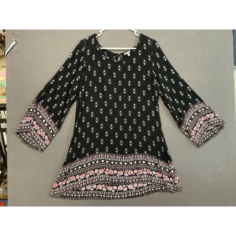 Charlotte Russe Boho‎ Floral Print Knee Length Dress M Black Pink Bell Sleeves